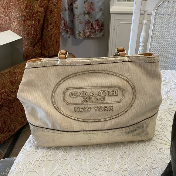 Lovely coach purse with gold accents so pretty  inside is plaid material. - Picture 7 of 9